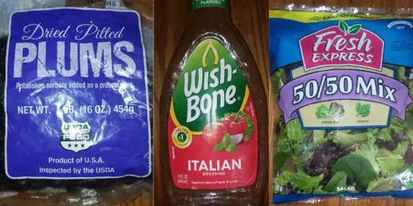 Plums, Italian dressing and bag of salad. Pineapple Plum Spring Salad