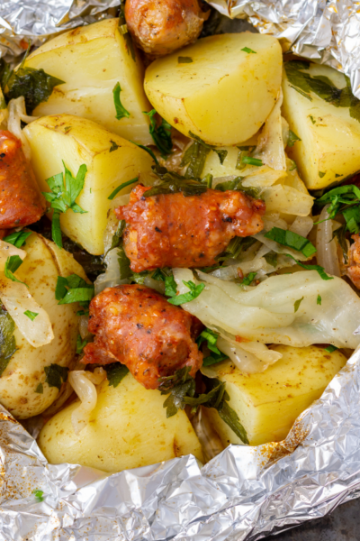 potatoes and sausages in a foil packet