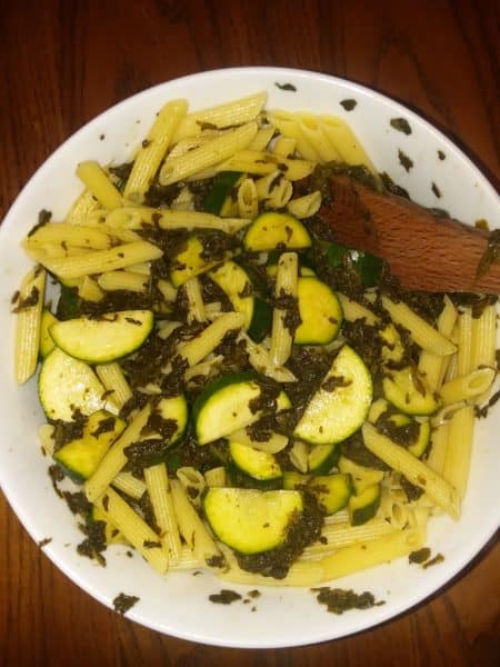 Zucchini, pasta, spinach
