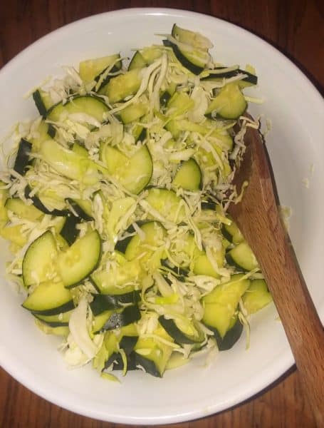 Cucumbers and cabbage in a bowl