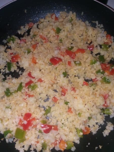 Cauliflower Rice in frying pan.