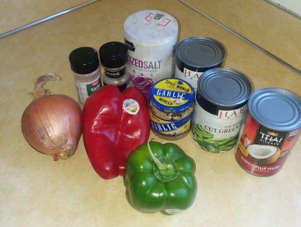 onion, peppers, garlic, green beans, coconut milk