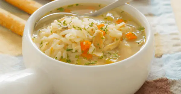 chicken rice soup in a bowl