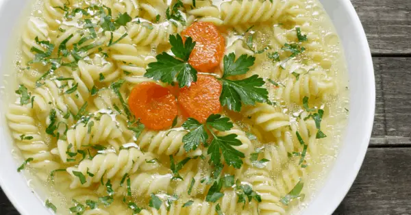 vegan chicken noodle soup in a bowl