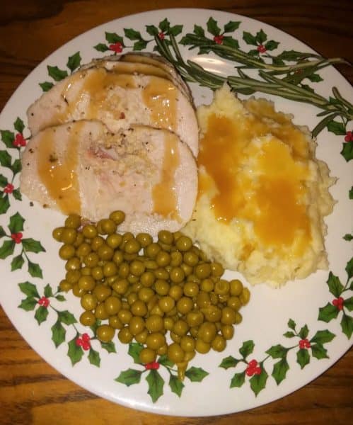 turkey, mashed potatoes, peas