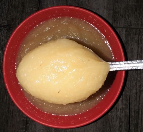holding a spoon with applesauce