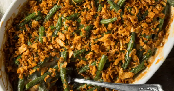 green bean casserole in baking dish