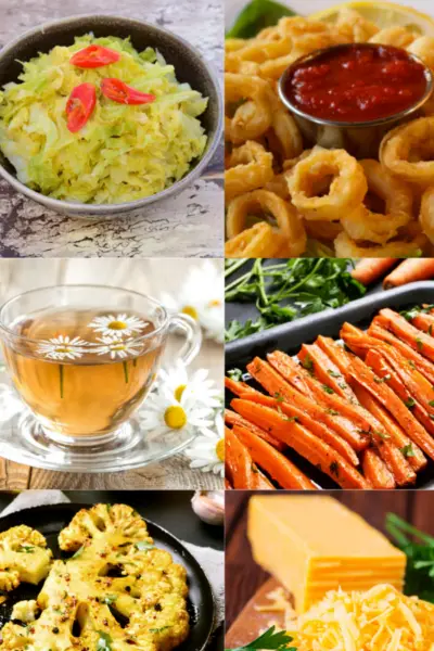 cabbage, calamari, tea, carrots, cauliflower, and cheddar cheese