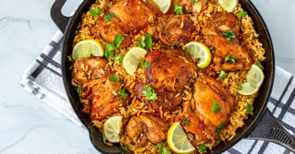 chicken and rice in a pan