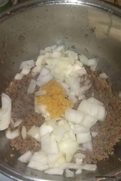 ground beef, onions, and garlic in a pot