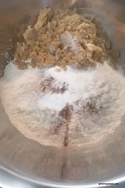 flour, sugar, baking powder in a bowl