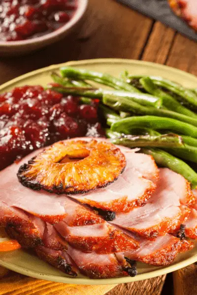 ham, green beans, cranberry sauce