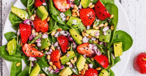 strawberries, avocados, spinach salad