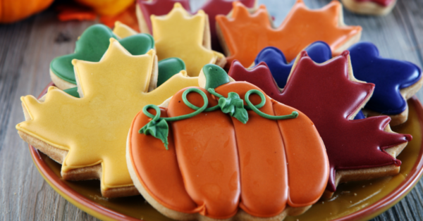 pumpkin shaped cookies and leaf shaped cookies