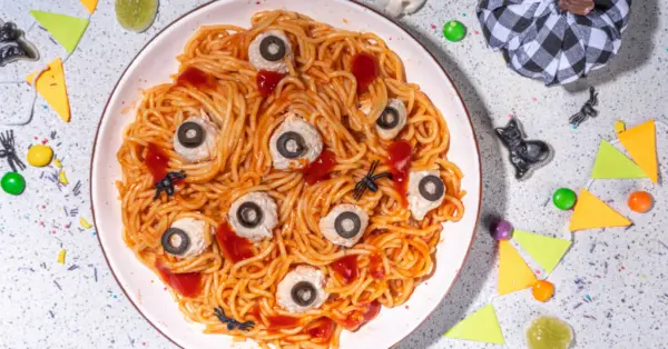 pasta with spooky looking eyeballs for Halloween