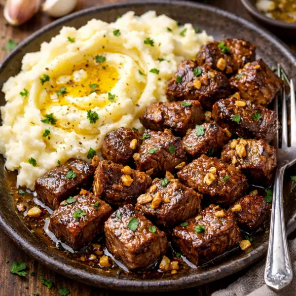 steak bites and mashed potatoes on a plate
