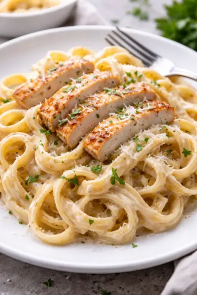 Chicken Alfredo on a plate