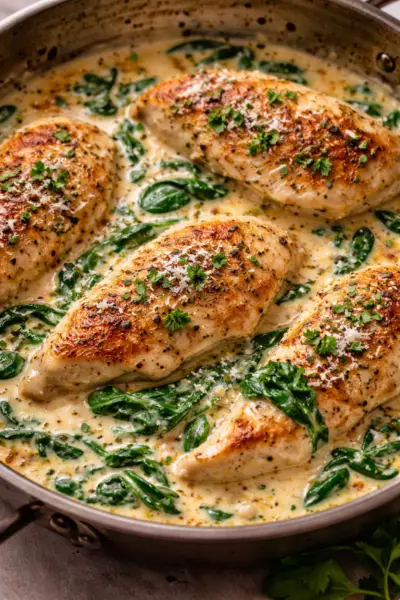 chicken and spinach with a sauce in a pan