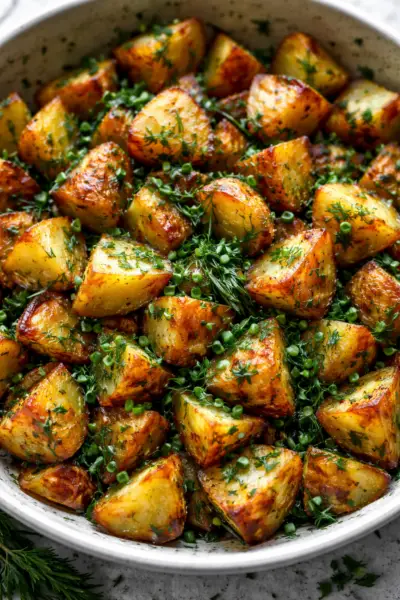 roasted potatoes topped with herbs
