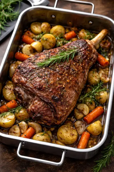 Roasted leg of lamb with vegetables